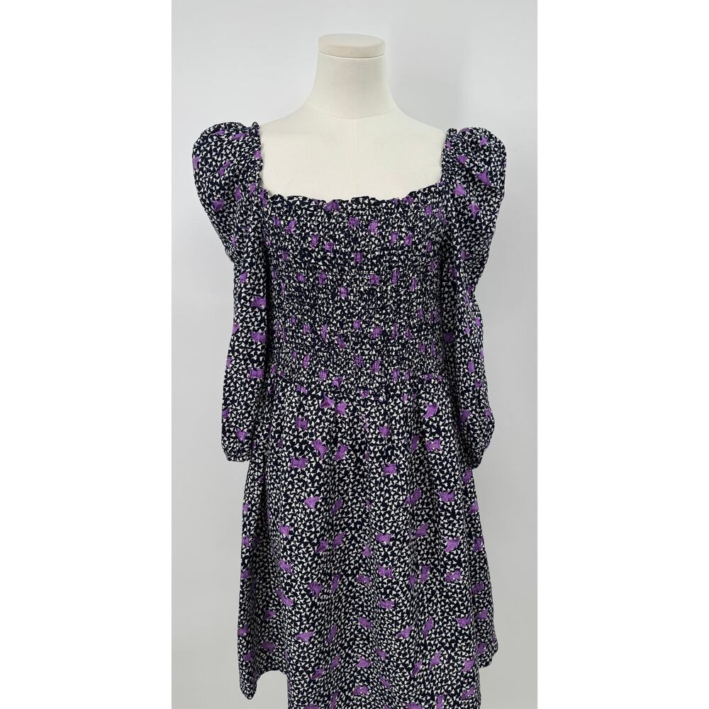 Maje Rappa Black Floral Dot Smocked Dress Linen Puff Sleeve Mini 40 L NWT